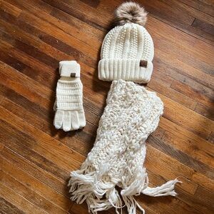 Cream Knit Beanie, Scarf, and Gloves Set
